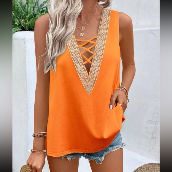 Classic Boho Lace Crisscross Front Sleeveless Tank Top Blouse Shirt Black - Picture 10 of 11